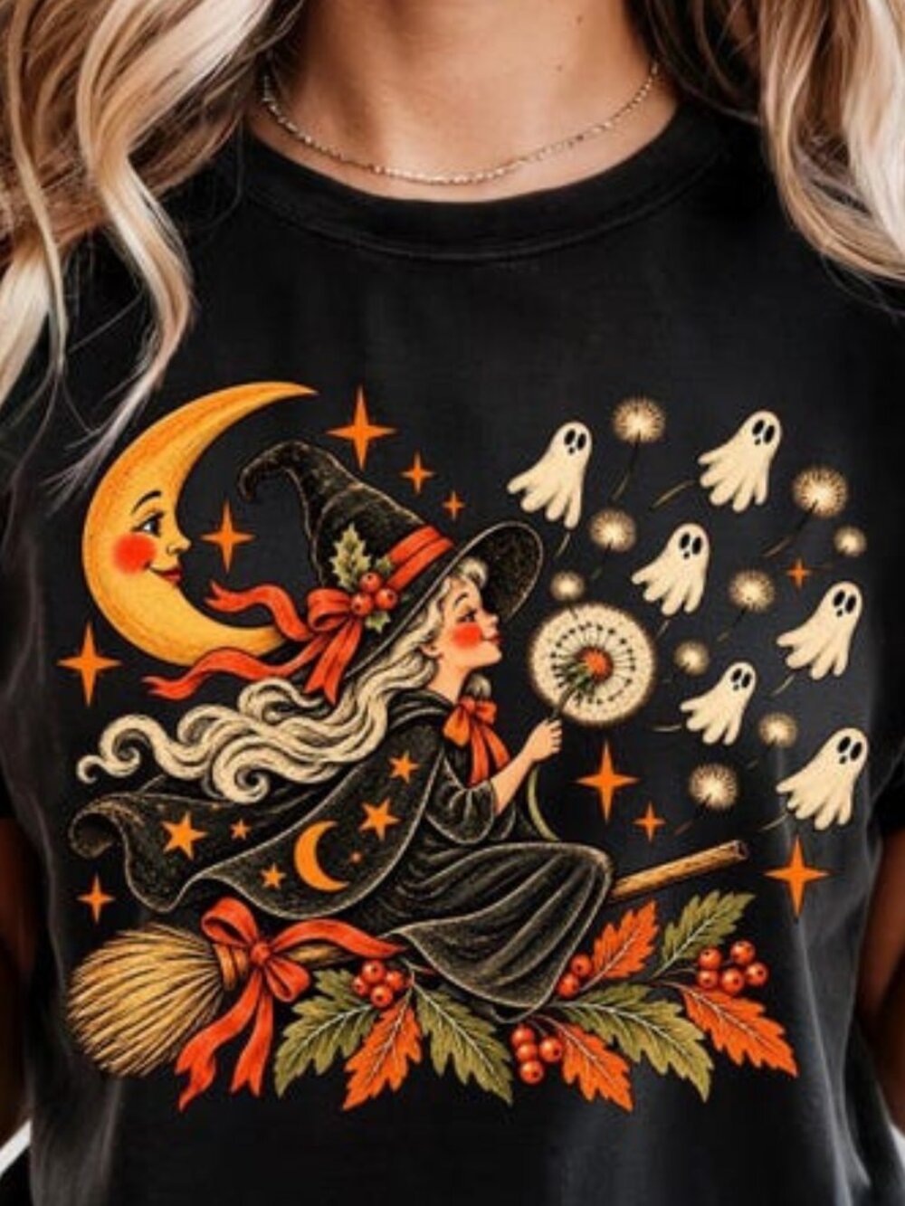 Halloween Shirt, Witch Ghost Dandelion T Shirt - Picture 2 of 4
